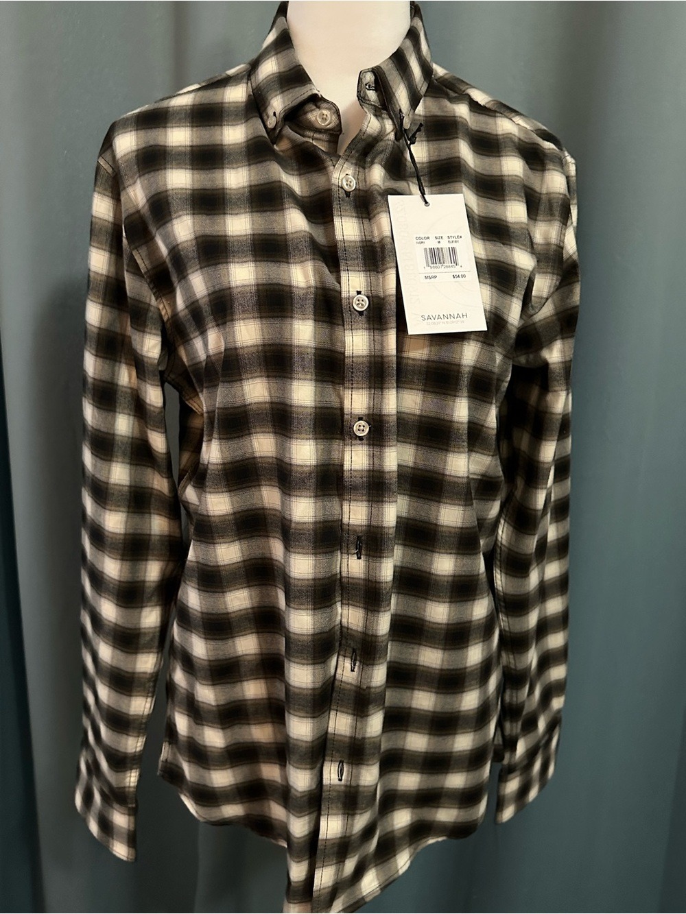 Savannah Mens Plaid Button Down Shirt Medium Ivory Black Long Sleeve NWT